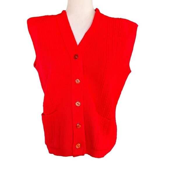 Vtg Sweater Vest Red Grandpacore College Point Made In USA Button Up Pockets L - Picture 1 of 9